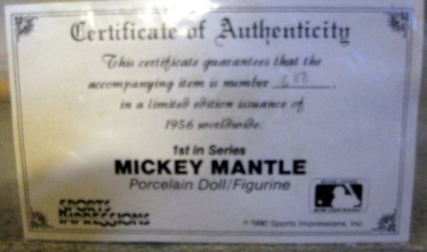 MICKEY MANTLE PORCELAIN DOLL w/BOX & COA