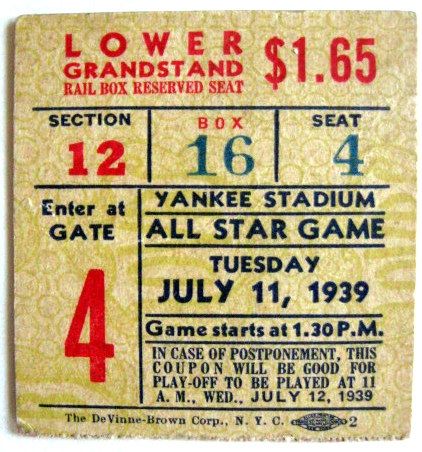 1939 MLB ALL-STAR GAME TICKET STUB @ YANKEE STADIUM