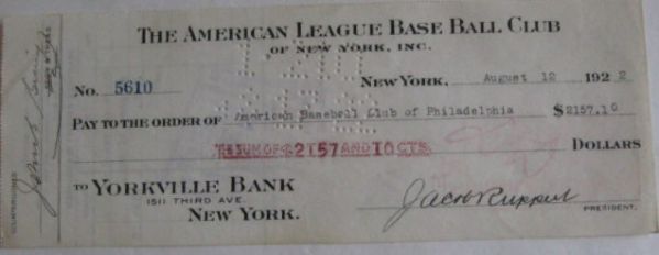 1922 N.Y YANKEES CHECK SIGNED BY JACOB RUPPERT - w/ JSA COA