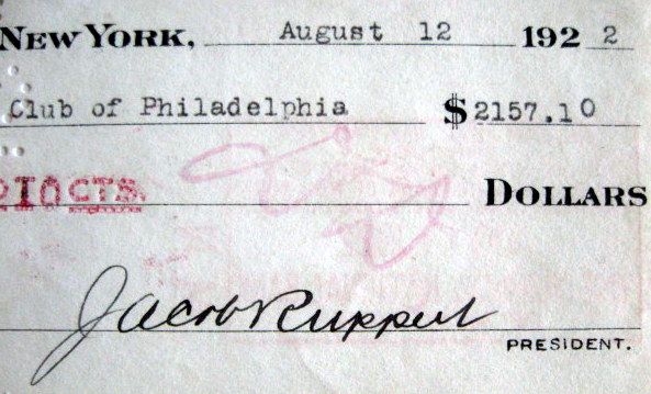 1922 N.Y YANKEES CHECK SIGNED BY JACOB RUPPERT - w/ JSA COA