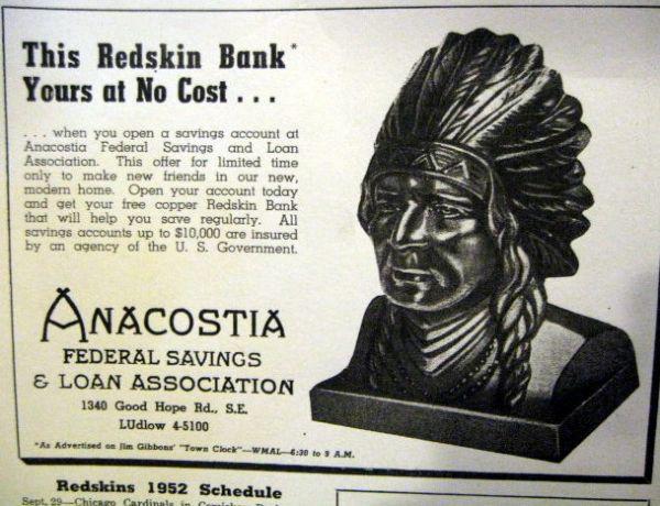 1952 WASHINGTON REDSKINS MASCOT BANK w/ AD