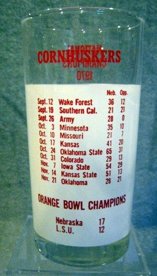 1970 NEBRASKA CORNHUSKERS NATIONAL CHAMPIONS GLASS