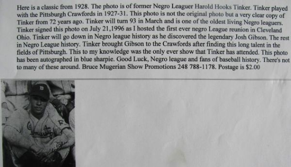 HOWARD HOOKS TINKER SIGNED NEGRO LEAGUE PHOTO w/JSA 