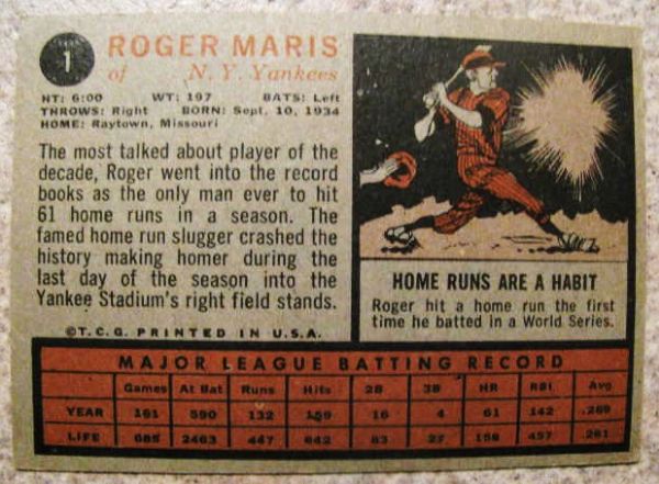ROGER MARIS SIGNED 1962 TOPPS BASEBALL CARD w/JSA LOA