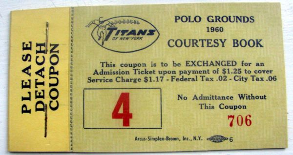 1960 AFL NEW YORK TITANS ADMISSION BOOKLET - 1st YEAR!