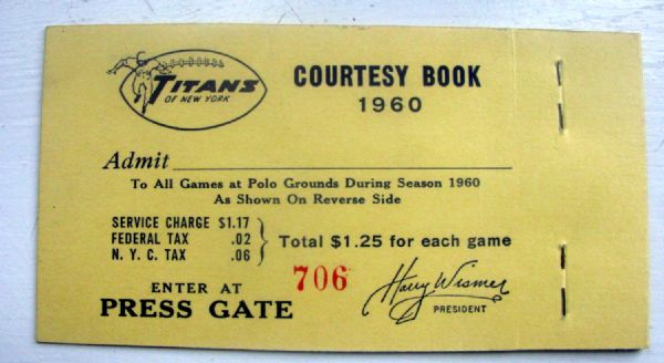 1960 AFL NEW YORK TITANS ADMISSION BOOKLET - 1st YEAR!