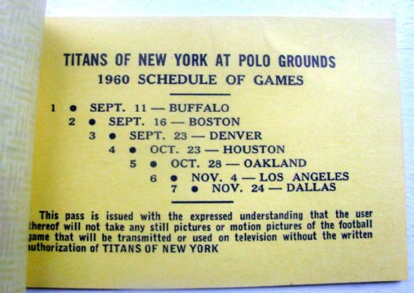 1960 AFL NEW YORK TITANS ADMISSION BOOKLET - 1st YEAR!