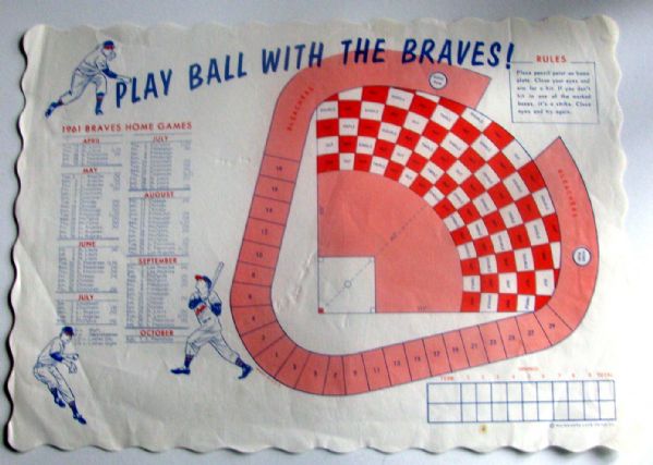 1961 MILWAUKEE BRAVES SCHEDULE PLACE MAT