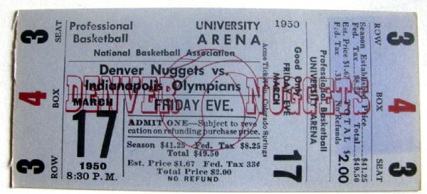 RARE 1950 NBA FULL TICKET- DENVER NUGGETS VS INDIANAPOLIS OLYMPIANS