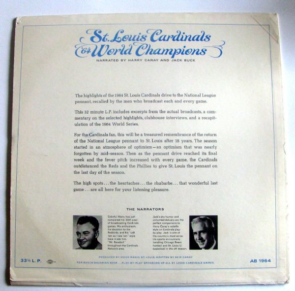 1964 ST. LOUIS CARDINALS WORLD CHAMPIONS RECORD ALBUM