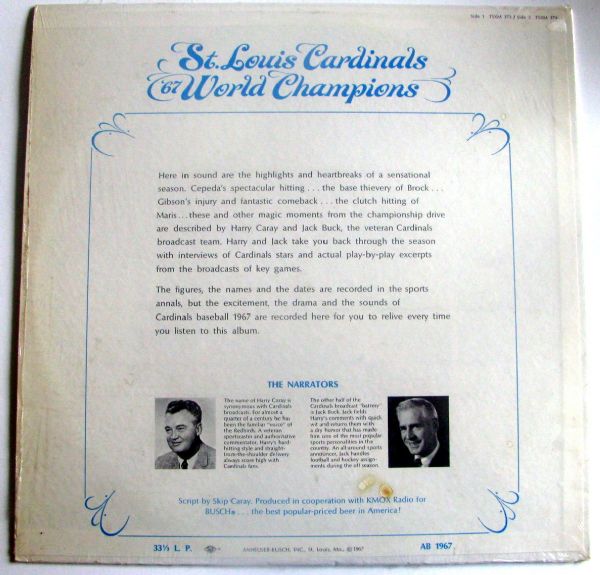 1967 ST. LOUIS CARDINALS WORLD CHAMPIONS RECORD ALBUM