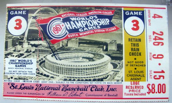 1967 WORLD SERIES TICKET STUB - RED SOX/CARDINALS - GAME 3