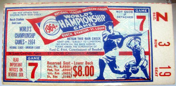 1964 WORLD SERIES TICKET STUB- GAME 7- CARDS VS YANKEES- MANTLE'S LAST W.S.