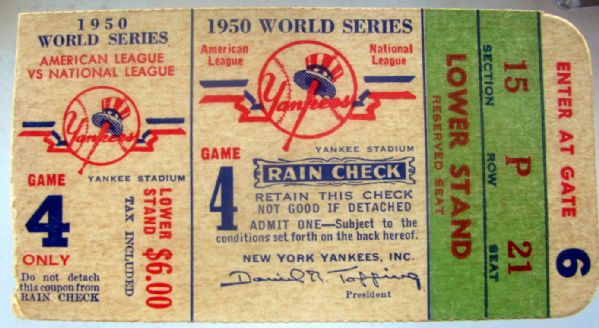 1950 WORLD SERIES TICKET STUB - PHILLIES/YANKEES - GAME 4- FORD's 1st W.S. GAME