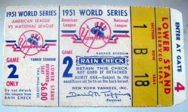 1951 WORLD SERIES TICKET STUB - GIANTS/YANKEES GAME 2 - MANTLE & MAYS 1st W.S.!