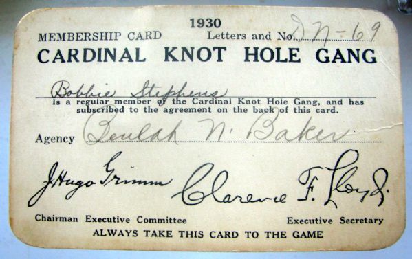 1930 ST. LOUIS CARDINALS KNOT HOLE GANG MEMBERSHIP CARD