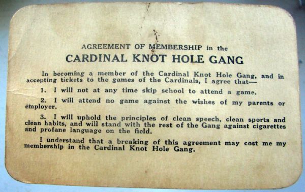 1930 ST. LOUIS CARDINALS KNOT HOLE GANG MEMBERSHIP CARD