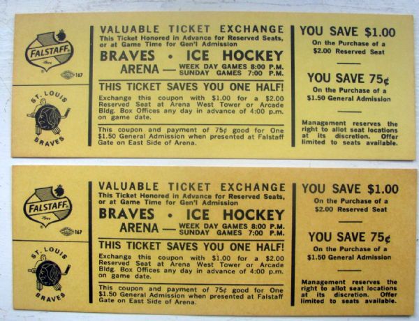 VINTAGE 60's LOT OF 2 ST. LOUIS BRAVES CHL TICKETS