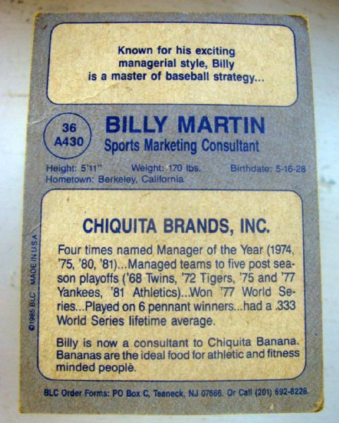 BILLY MARTIN SIGNED BASEBALL CARD w/JSA LOA