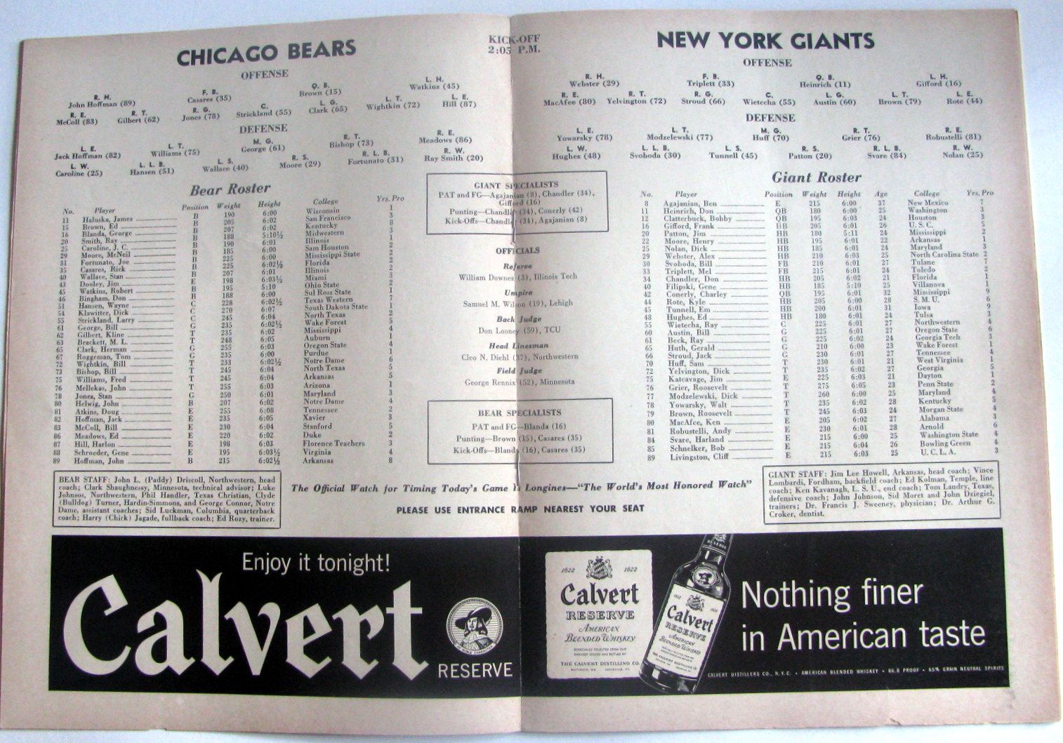 1956 (12/30) NFL Championship Program NY Giants vs Chicago Bears