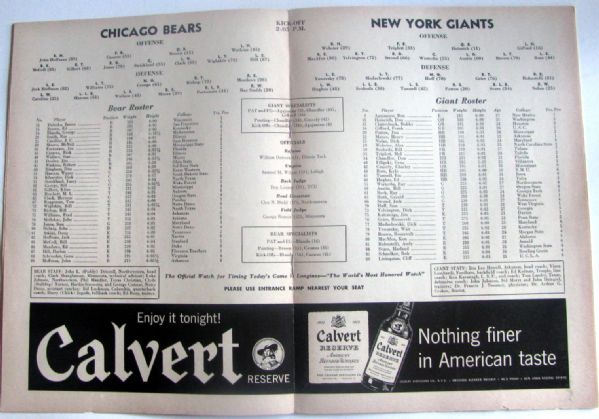 1956 NFL CHAMPIONSHIP GAME PROGRAM - N.Y. GIANTS VS CHICAGO BEARS