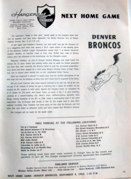 1962 DALLAS TEXANS VS S.D. CHARGERS PROGRAM - LAST YEAR TEXANS!