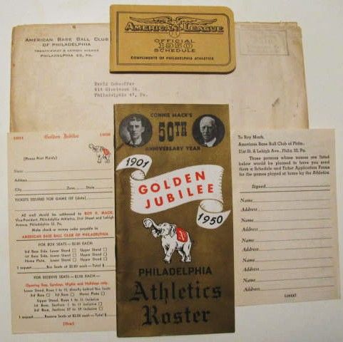 1950 PHILADELPHIA ATHLETICS GOLDEN JUBILEE ROSTER & SCHEDULE w/ MAILING ENVELOPE