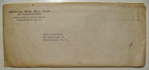 1950 PHILADELPHIA ATHLETICS GOLDEN JUBILEE ROSTER & SCHEDULE w/ MAILING ENVELOPE