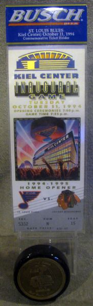 1994 ST. LOUIS BLUES KEIL CENTER INAUGURAL GAME SOUVENIR TICKET AND PUCK PAPERWEIGHT