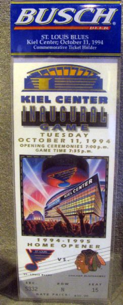 1994 ST. LOUIS BLUES KEIL CENTER INAUGURAL GAME SOUVENIR TICKET AND PUCK PAPERWEIGHT