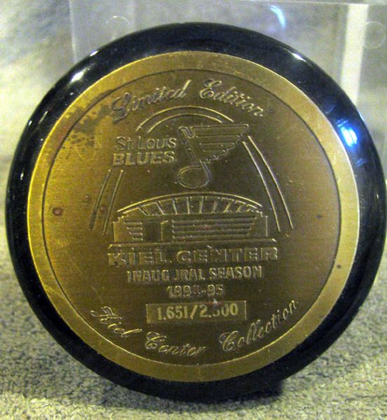 1994 ST. LOUIS BLUES KEIL CENTER INAUGURAL GAME SOUVENIR TICKET AND PUCK PAPERWEIGHT