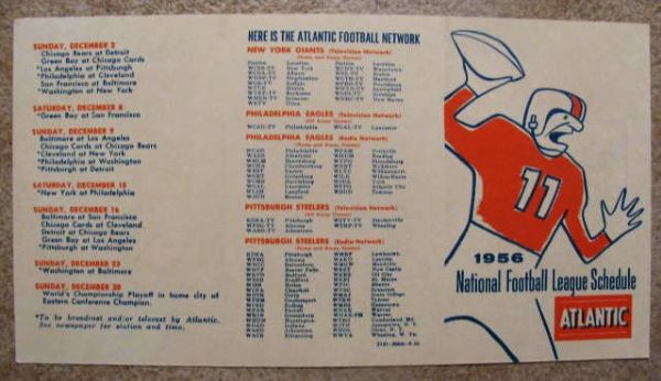 1956 NATIONAL FOOTBALL LEAGUE POCKET SCHEDULE FOR THE GIANTS EAGLES & STEELERS