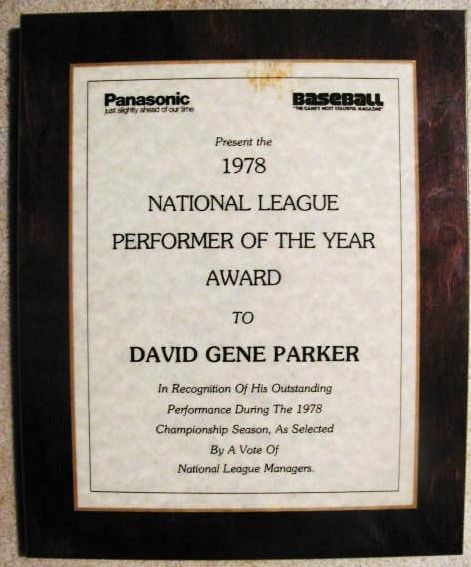 1978 DAVE PARKER NATIONAL LEAGUE PERFORMER OF THE YEAR AWARD