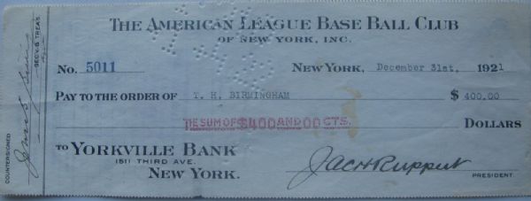 1921 NEW YORK YANKEES PAYROLL CHECK SIGNED BY JACOB RUPPERT w/JSA COA
