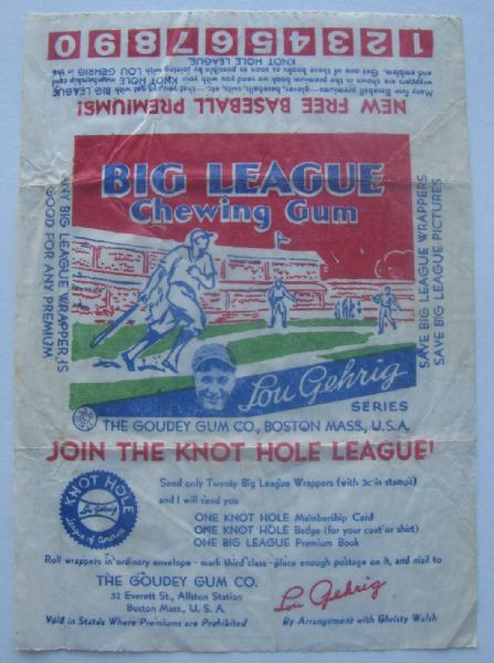 1934 GOUDEY CHEWING GUM BASEBALL CARD WRAPPER w/LOU GEHRIG