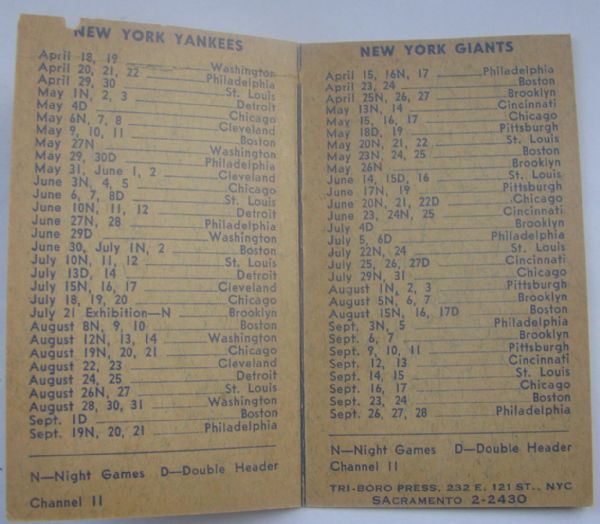 1952 YANKEES/GIANTS/DODGERS BASEBALL SCHEDULE BOOKLET