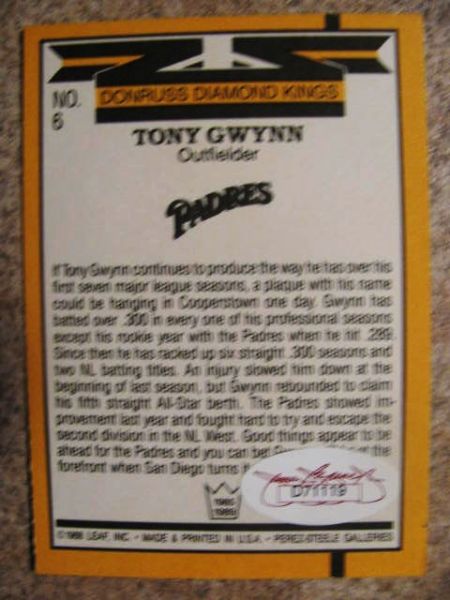 TONY GWYNN SIGNED BASEBALL CARD w/JSA COA