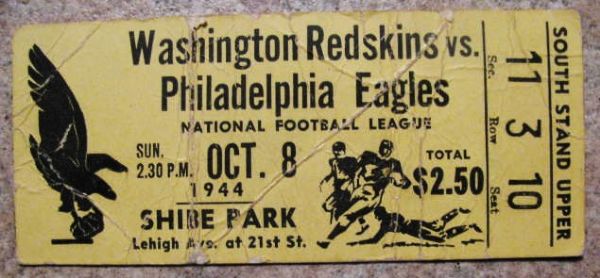 1944 REDSKINS VS EAGLES FOOTBALL TICKET STUB