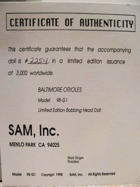 1998 SAMS's BALTIMORE ORIOLES BOBBING HEAD w/BOX