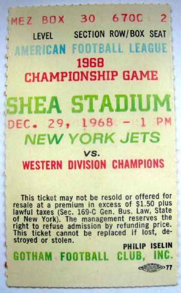1968 AFL CHAMPIONSHIP TICKET STUB - JETS VS RAIDERS - JETS SUPER BOWL YEAR