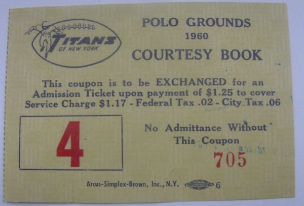 1960 NEW YORK TITANS TICKET COUPON VS HOUSTON OILERS - FIRST YEAR AFL