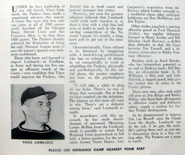 1959 GREEN BAY PACKERS VS N.Y. GIANTS PROGRAM - 1st YEAR OF LOMBARDI ERA IN GREEN BAY