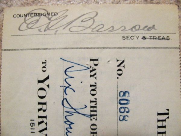 RUPPERT / BARROW 1925 NY YANKEES SIGNED CHECK w/JSA COA