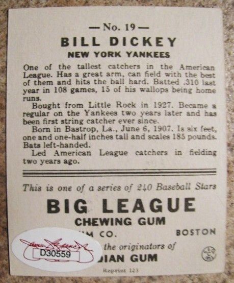 BILL DICKEY SIGNED BASEBALL CARD w/JSA COA
