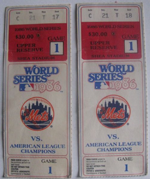 1986 WORLD SERIES TICKET STUBS- 2- GAME 1 - RED SOX vs METS