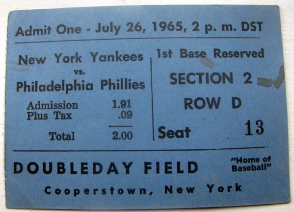 1965 HALL OF FAME GAME TICKET w/MANTLE POST CARD