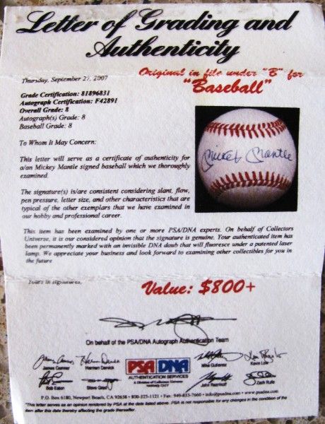 MICKEY MANTLE PSA NM-MT 8 SIGNED BASEBALL IN SEALED CASE 