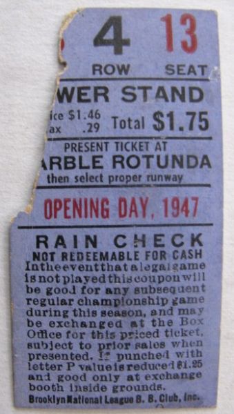 1947 JACKIE ROBINSONS 1ST MAJOR LEAGUE GAME OPENING DAY TICKET STUB
