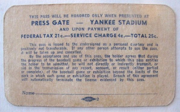 1947 NEW YORK YANKEES SEASON PASS