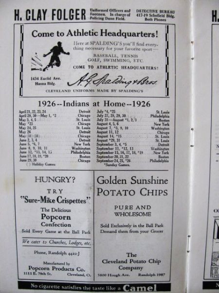 1926 CLEVELAND INDIANS vs ST LOUIS BROWNS BASEBALL PROGRAM